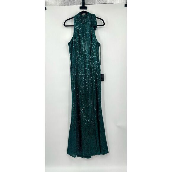 Mac Duggal NWT Authentic size 12 dark teal sequined soft bow column Ieena gown - Picture 10 of 14